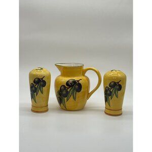 Small Ceramic Yellow Pitcher w/Olive Branches and Salt & Pepper Shakers, Unused